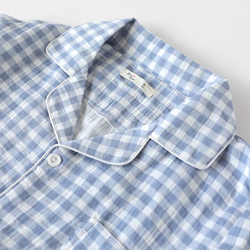 睡衣男春秋纯棉纱布薄款格子x长袖大码可外穿家居服套装日系简约