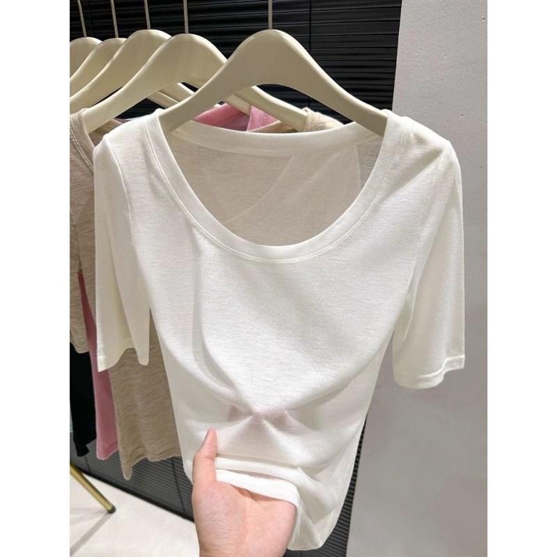 U领天丝薄款中袖上衣202t5新款低胸五分袖正肩t恤女针织超薄短袖
