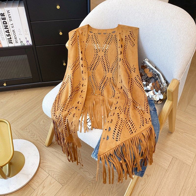 新疆云南西部牛仔民族风马甲川西A旅拍麂皮绒流苏超大三角披肩外