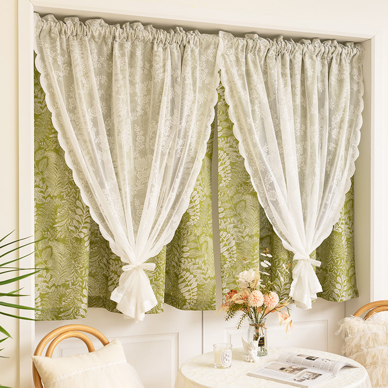 法式复古双层蕾丝k窗帘美式半帘田园风绿色清新门帘卧室厨房隔断