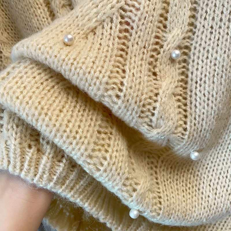 马海毛钉珠圆领针织衫女20v25春夏秋新款外穿上衣麻花毛衣短袖t恤