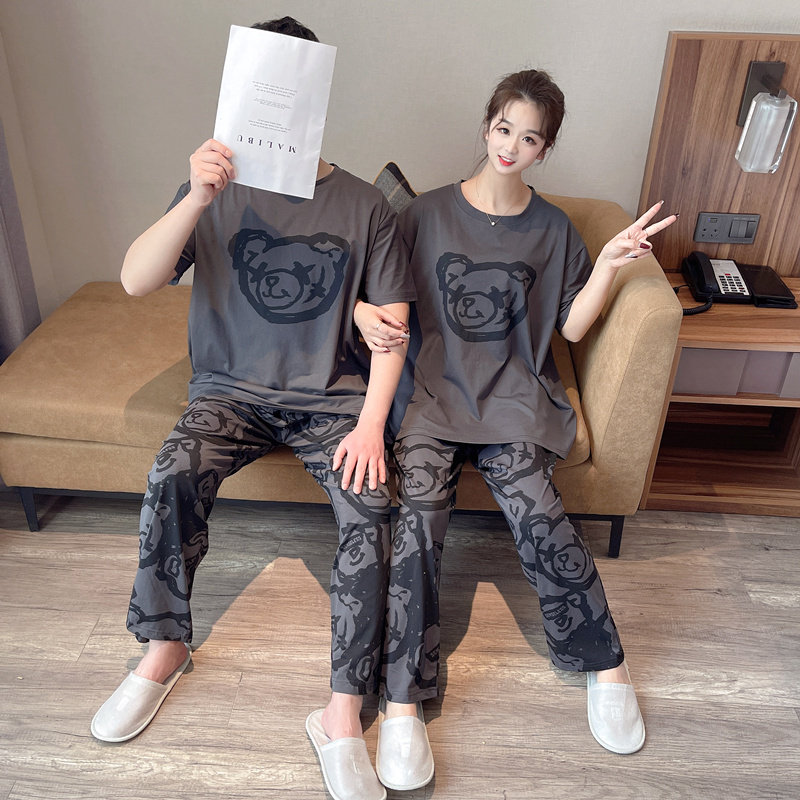 卡通加肥加大码情侣睡衣女220斤春夏宽松L短袖长裤男士家居服套装