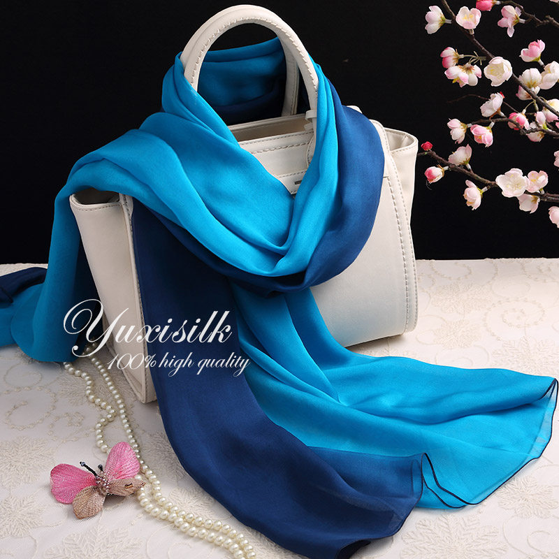 蓝色渐变色100%桑蚕丝长款真丝丝巾G围巾女披肩春秋冬夏季百搭纱