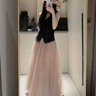 2024新款夏粉色a字纱裙高腰小众中长款网纱半身S裙女超仙伞裙垂感