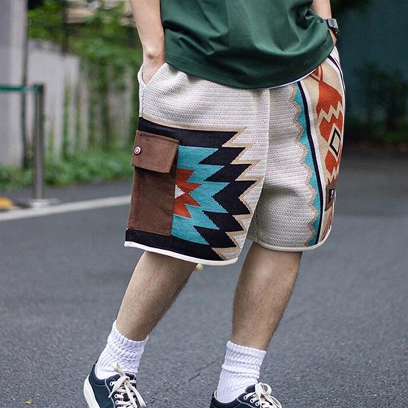 美式复古纳瓦霍针织刺绣短裤民族风宽松海边沙滩五U分裤男女情侣
