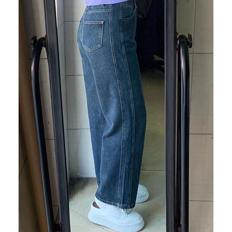 胖mm大码女装复古直筒牛仔裤女A松紧腰高腰百搭显瘦显高阔腿拖地