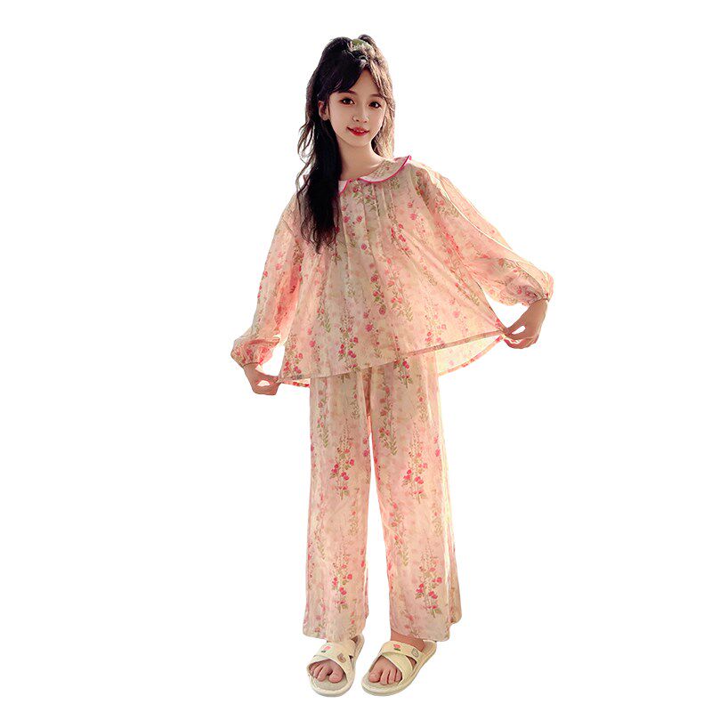 春秋儿童b纯棉家居服新款洋气甜美公主碎花开衫睡衣套装女童空调