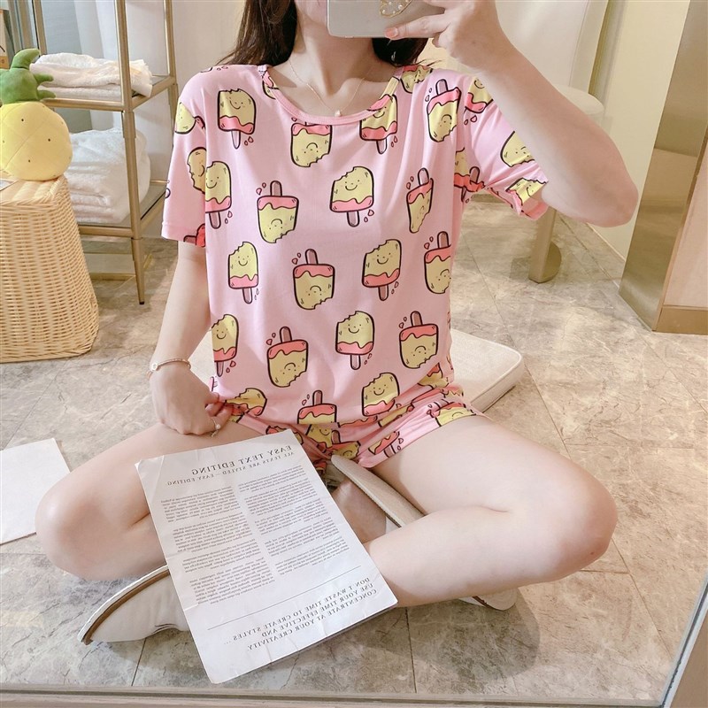短袖短裤睡衣套装女生夏季薄款休闲韩版圆领甜美可爱W卡通家居服