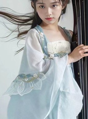 高端汉服女e童广袖两件套儿童女孩超仙蓝色唐代古风古装国风小女