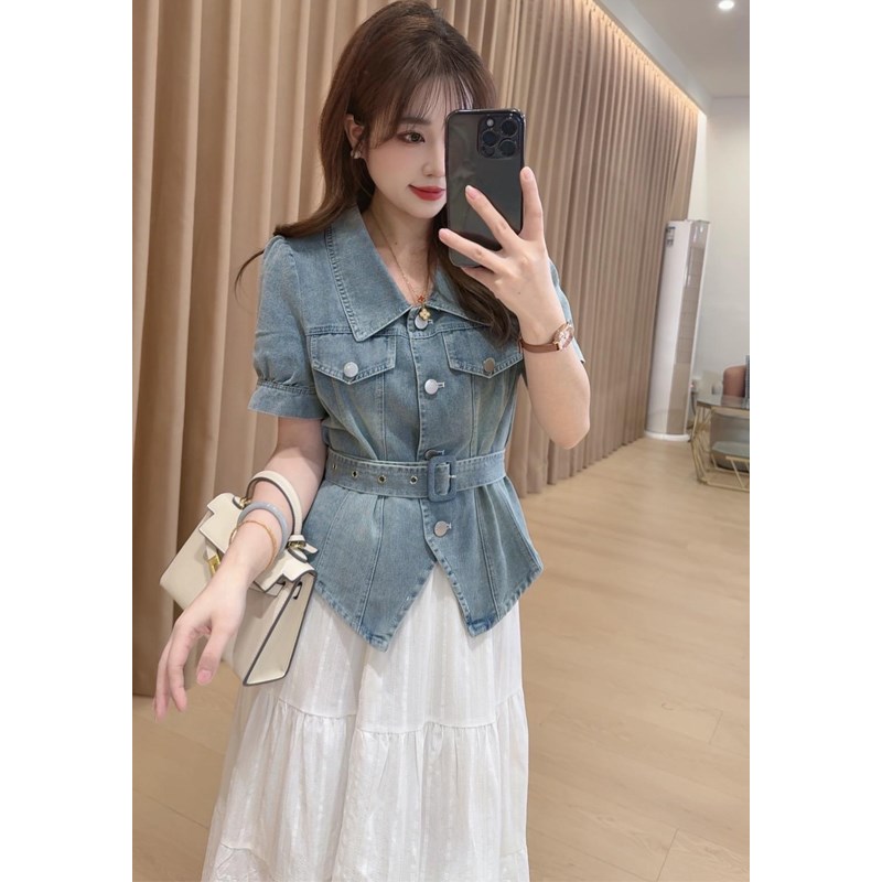 2025年超火夏装两件套女u港风复古收腰系带牛仔上衣外套半身裙套