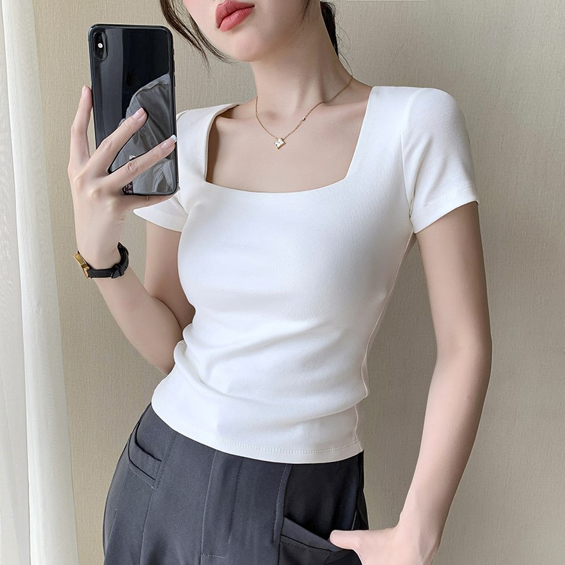 白色方领短袖th恤女夏季纯棉内搭2024年新款设计感露锁骨修身上衣