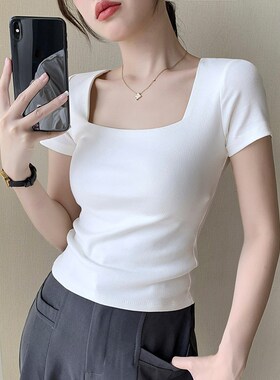白色方领短袖th恤女夏季纯棉内搭2024年新款设计感露锁骨修身上衣