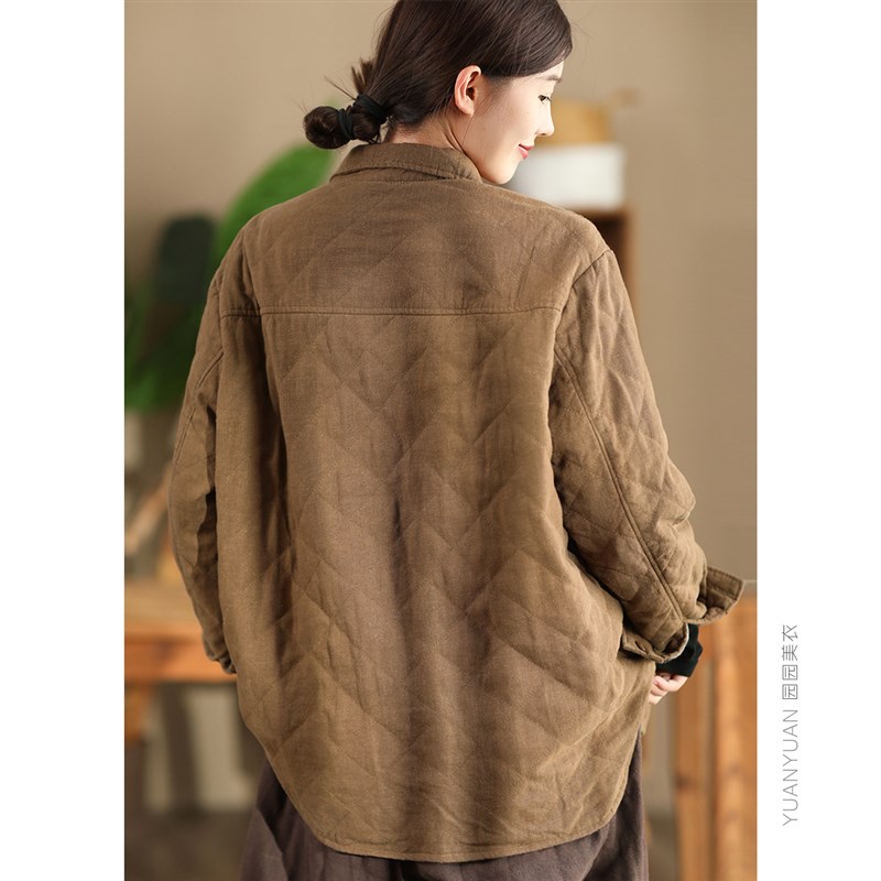 秋冬复古砂洗雨露亚麻棉衣菱x格加厚衬衫女内里色织格纹衬衣外套