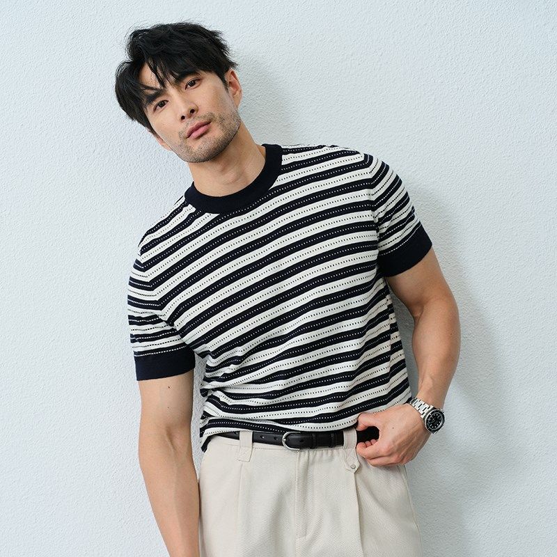 老钱度假航海风 14针纯棉横条y纹圆领T恤男休闲针织撞色短袖海魂