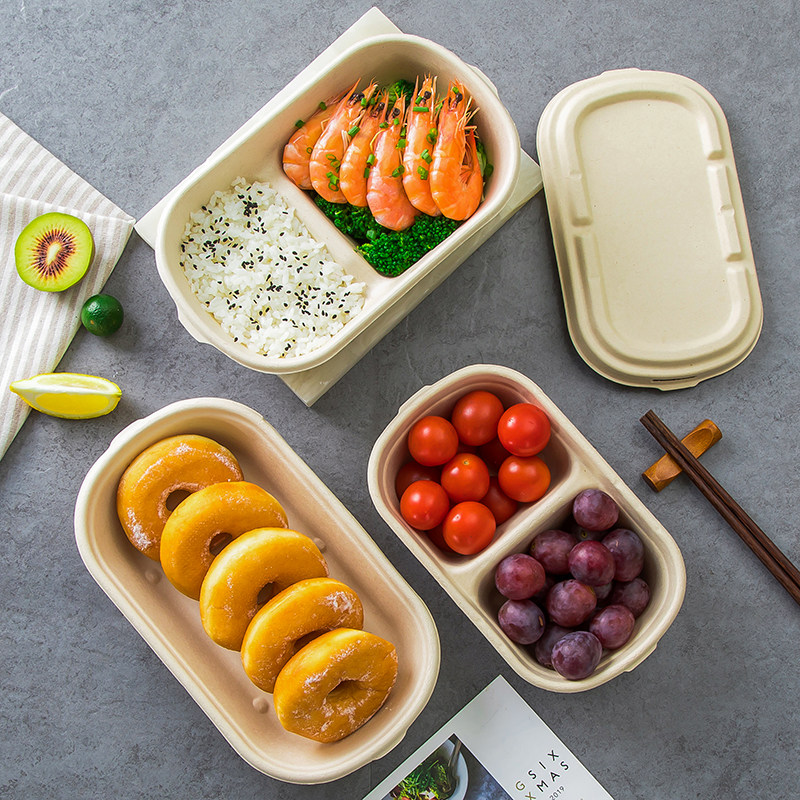 一次性长方形纸浆餐盒饭盒快餐打包盒商用带M盖子轻食环保可降解