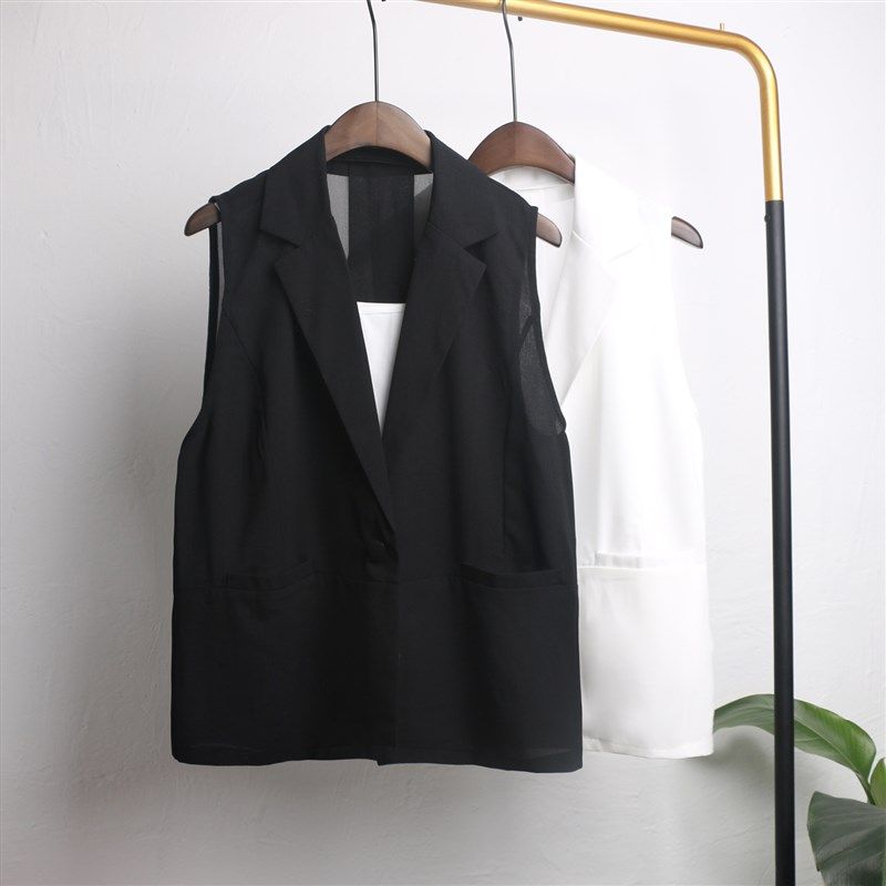 夏季薄马甲女士外搭黑p色轻薄小西装宽松背心马夹短款夏天雪纺上