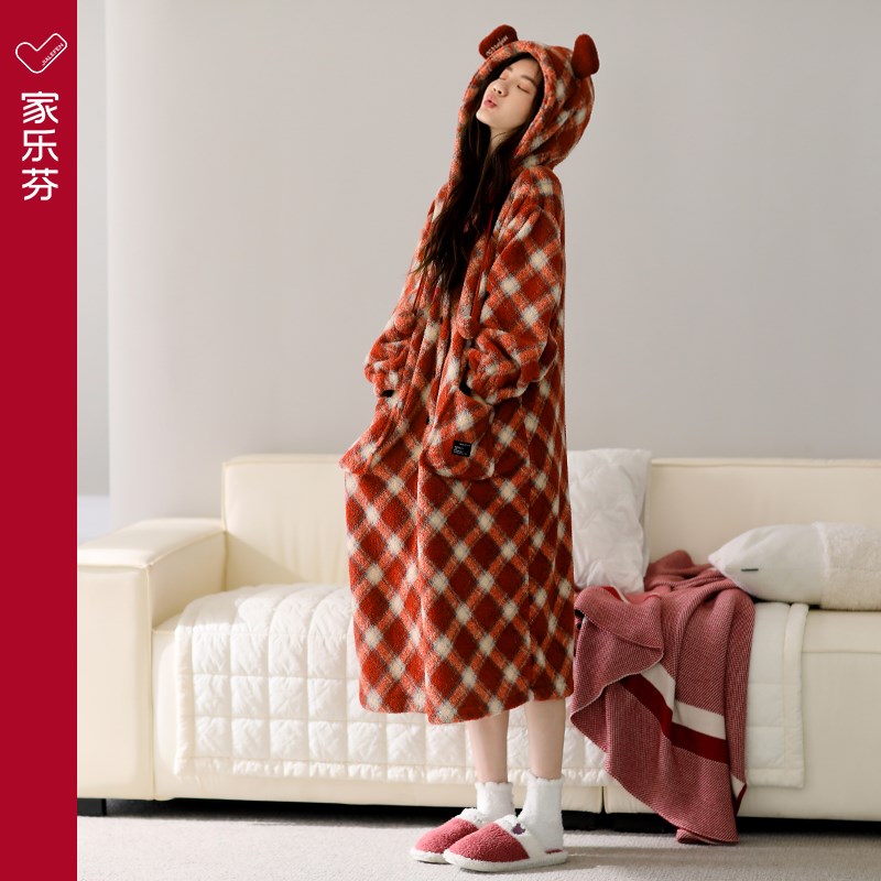 家乐芬睡袍女士睡衣秋冬款冬季A半边绒加厚加绒连帽长款可外穿出