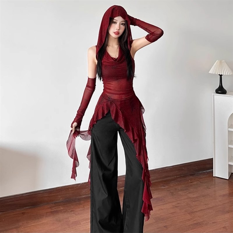 废土风红色连帽背心带袖网纱t恤套装女春夏季P内搭荷叶边镂空上衣