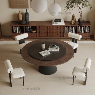 中古风可变形伸缩餐n桌家用小户型圆桌可定制岩板带转盘变大圆桌