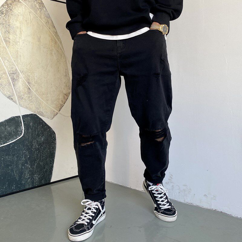 春夏季美式休闲痞帅黑色破洞牛仔裤男直筒M百搭乞丐锥形九分裤子