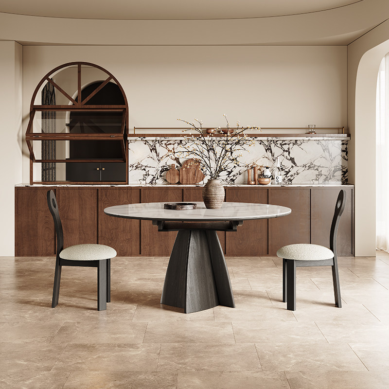 方圆两用岩d板餐桌可伸缩小户型黑色意式极简方形变圆形实木餐桌