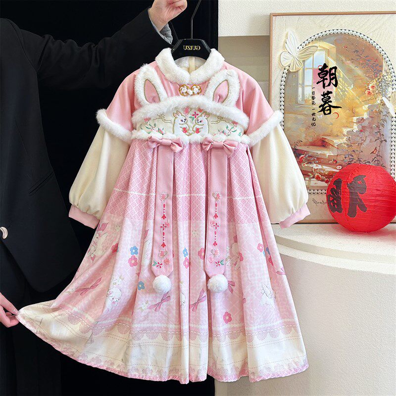 女童汉服连e衣裙冬装洋气儿童拜年服中国风洋气宝宝加绒古装公主