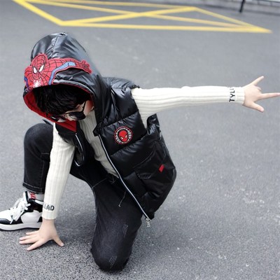 男童皮马甲羽绒棉背心冬装外穿坎肩儿童蜘L蛛侠衣服宝宝保暖外套