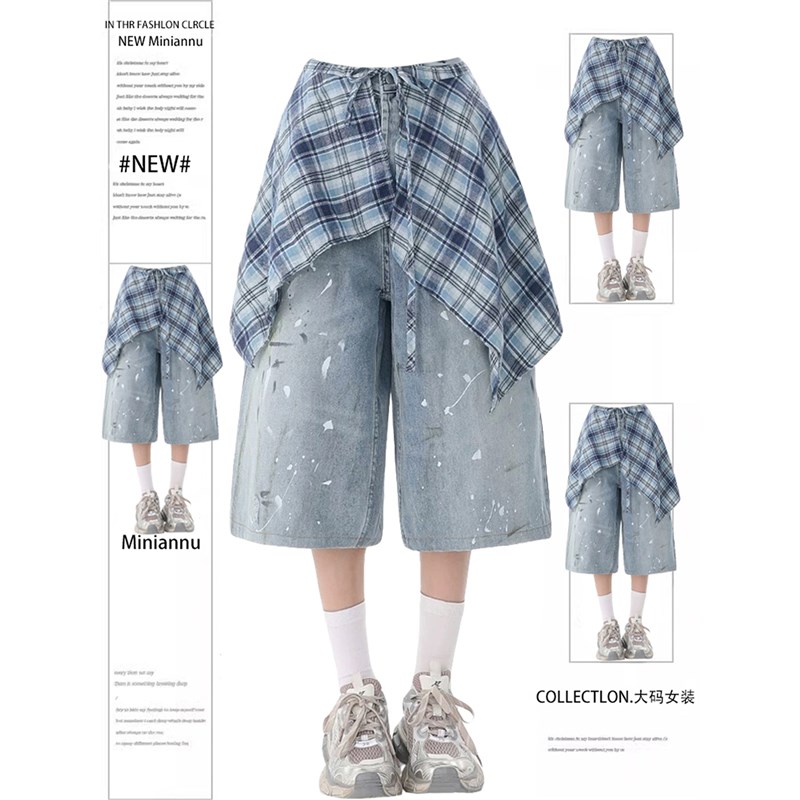 胖mm特大码美式复古屁帘牛仔短裤女夏季街头风小众宽W松阔腿七分