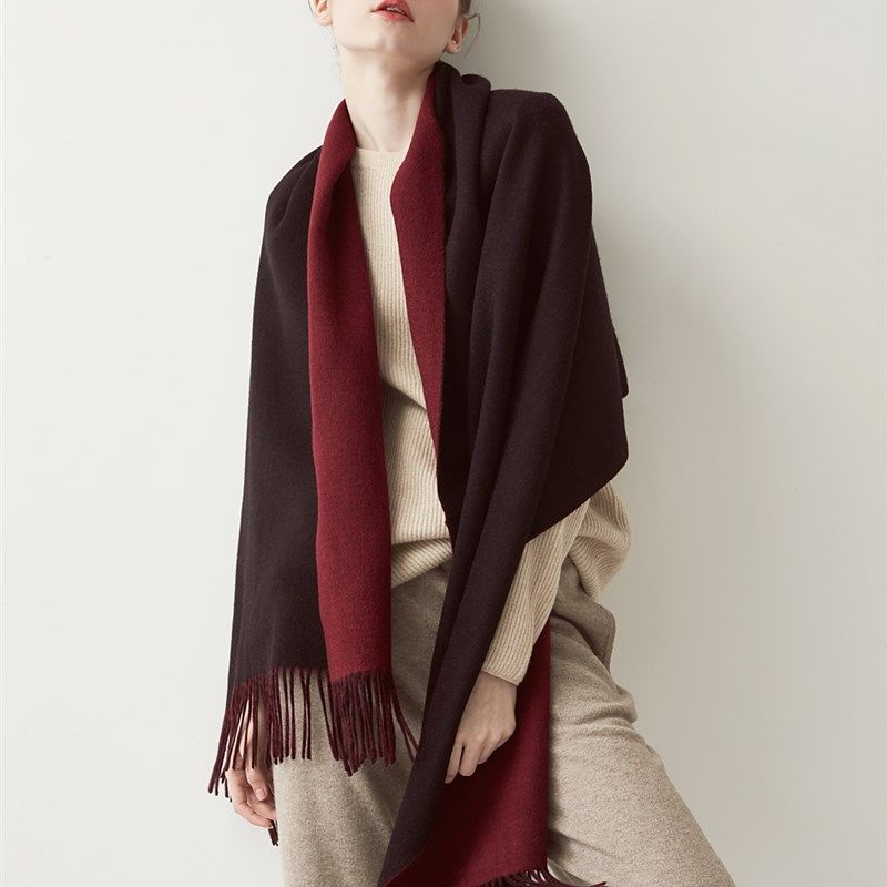重磅450克双面羊毛围巾女v冬季披肩两用韩版超长百搭纯色加厚保暖