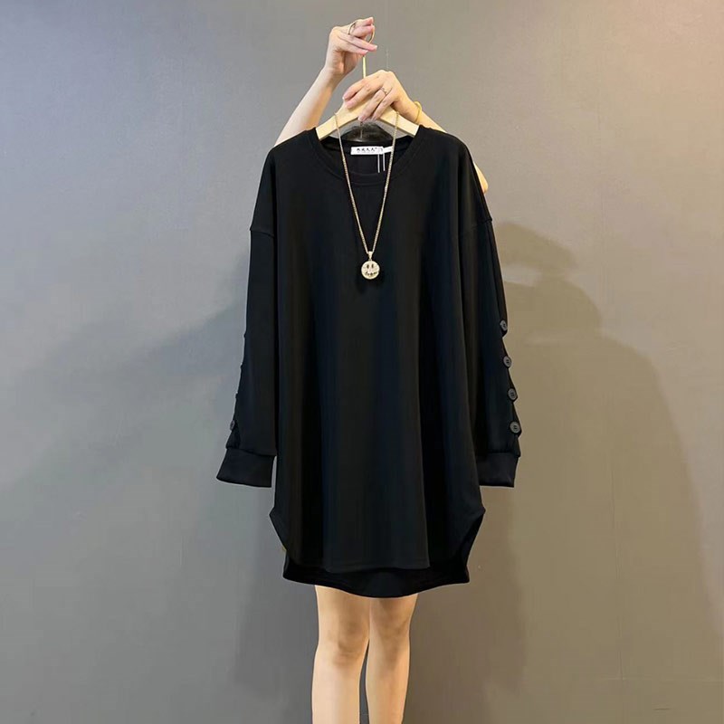 胖妹妹纯色简约休闲百搭宽松卫衣加肥F显瘦大码女装纽扣长袖上衣
