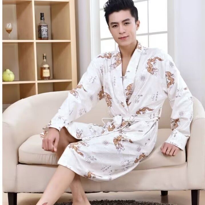 男士睡袍春秋季长袖纯棉t质浴袍中长款一体式浴衣睡衣夏天家居服