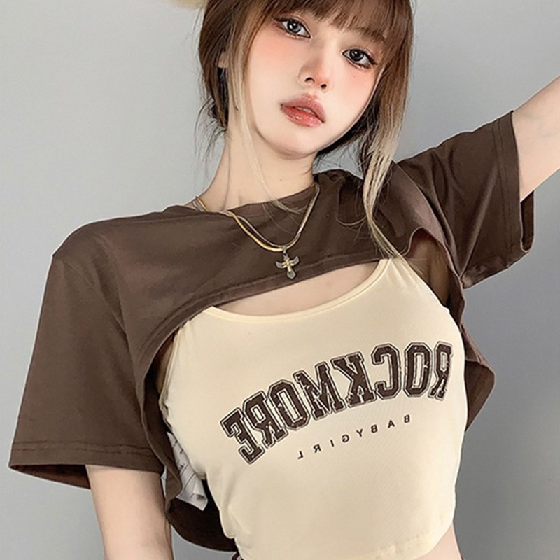 欧美辣妹短款上衣两件q套设计感小众印花美式覆古正肩短袖T恤女装