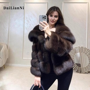 俄罗斯紫貂皮大衣女2024冬环保仿皮草外套黑金S大翻领时装 小个 款