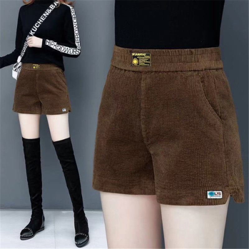 中年妈妈装秋冬季新款灯芯绒加绒休闲高腰LA字阔腿短裤外穿靴裤子