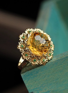 外贸烟花工艺切割高仿黄水晶戒指