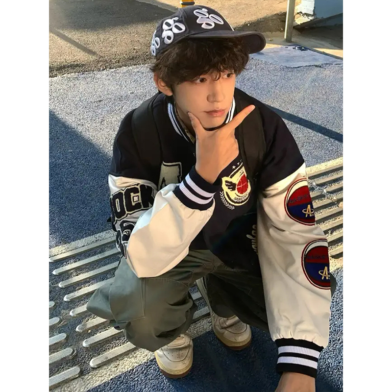 美式植绒刺绣夹克男棒球服外套
