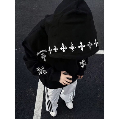 国潮牌十字架刺绣连帽卫衣男