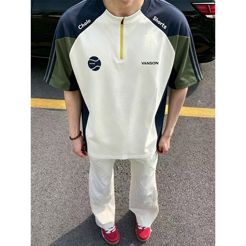 潮牌运动风撞色拼接半拉链短袖t恤夏季新款宽松百搭情侣休闲上衣