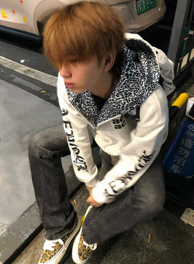 lhak美式梵文印花豹纹内衬连帽卫衣男秋冬宽松情侣开衫外套上衣潮