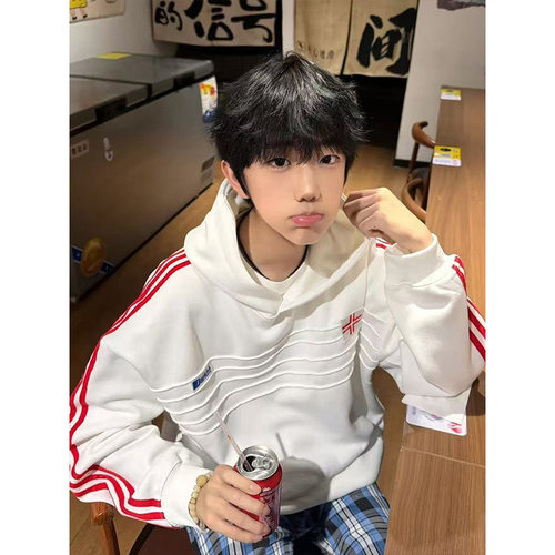 美式撞色条纹徽章刺绣连帽卫衣男