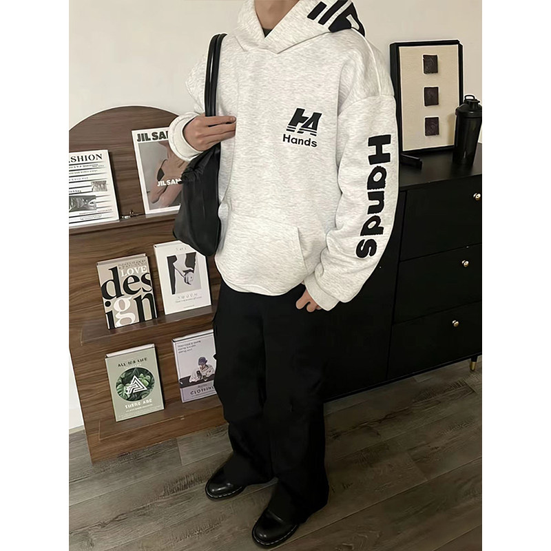 美式字母植绒刺绣连帽卫衣男