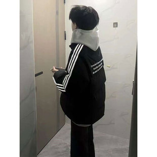 lhak美式拼接三条杠羽绒棉服男冬季棉衣外套宽松保暖立领面包服潮