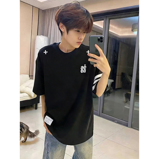 潮流美条纹字母刺绣圆领t恤男夏季 高级宽松情侣慵懒风休闲上衣ins