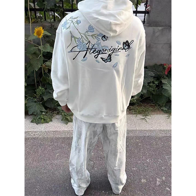 美式潮牌花卉刺绣连帽卫衣男