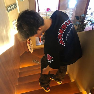 潮牌美式高街短袖男植绒刺绣
