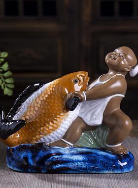 新款石湾陶瓷雕塑人物农家乐餐厅客厅装饰品摆件年年有鱼人壮鱼肥