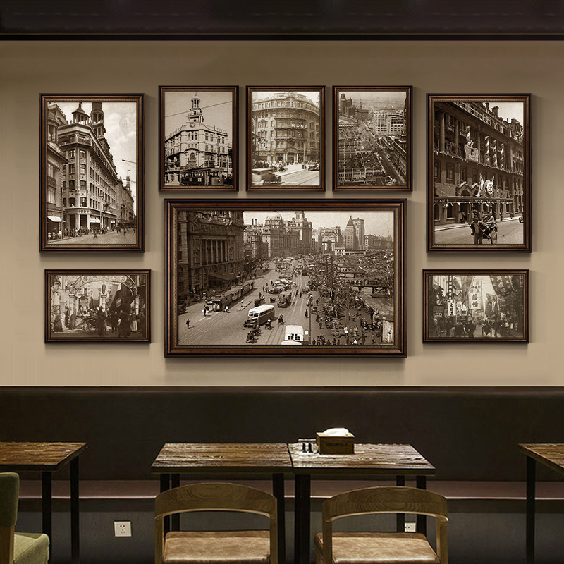 饭店经典怀旧复古建筑街景老照片主题餐厅老上海挂画民国风装饰画图片