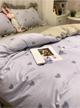 ZV7版边淑女公主风灰色爱5心荷叶全棉四F76THJ7M件套韩纯棉双人被
