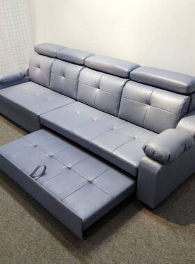 灰色皮沙RME发床两用可艺推拉小位户型客一字型厅四人五人储物沙