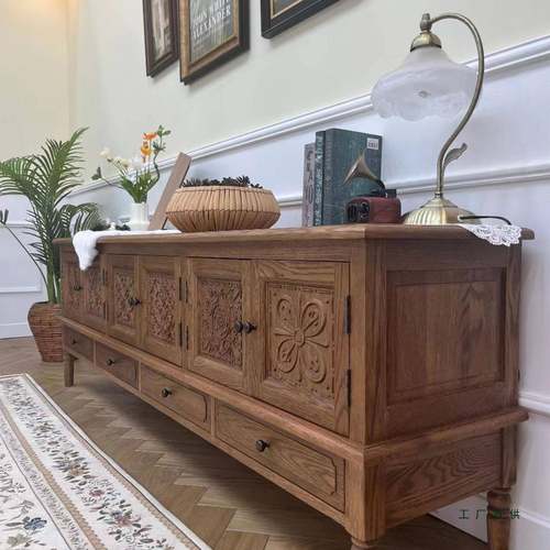 美式乡村实木雕客花电视柜CZR组合古田复园风橡木厅收纳柜宿长地